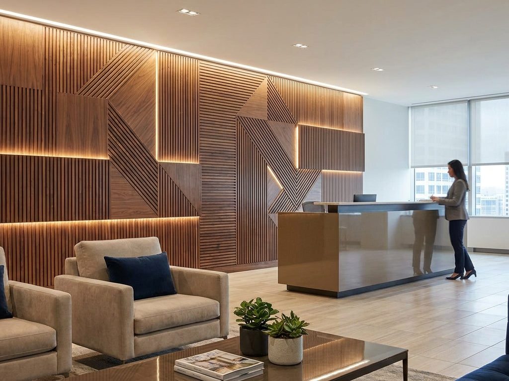 Dining room or hallway with considered wallcovering and warm details