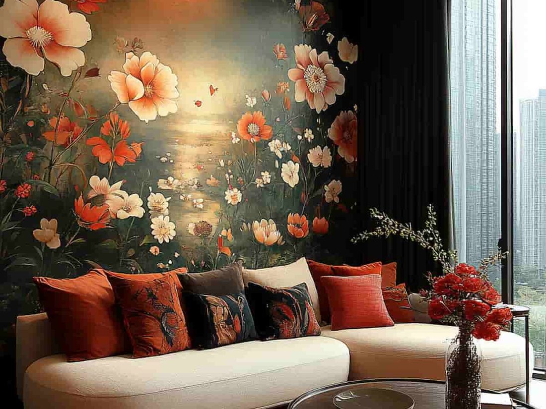 Custom mural wallpaper creating a focal point in a sophisticated room