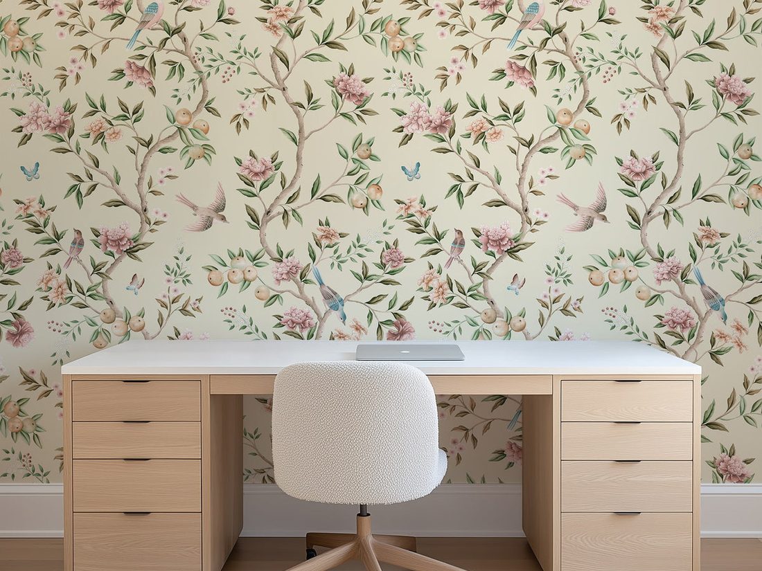 Boutique home office with subtle decorative wallcovering