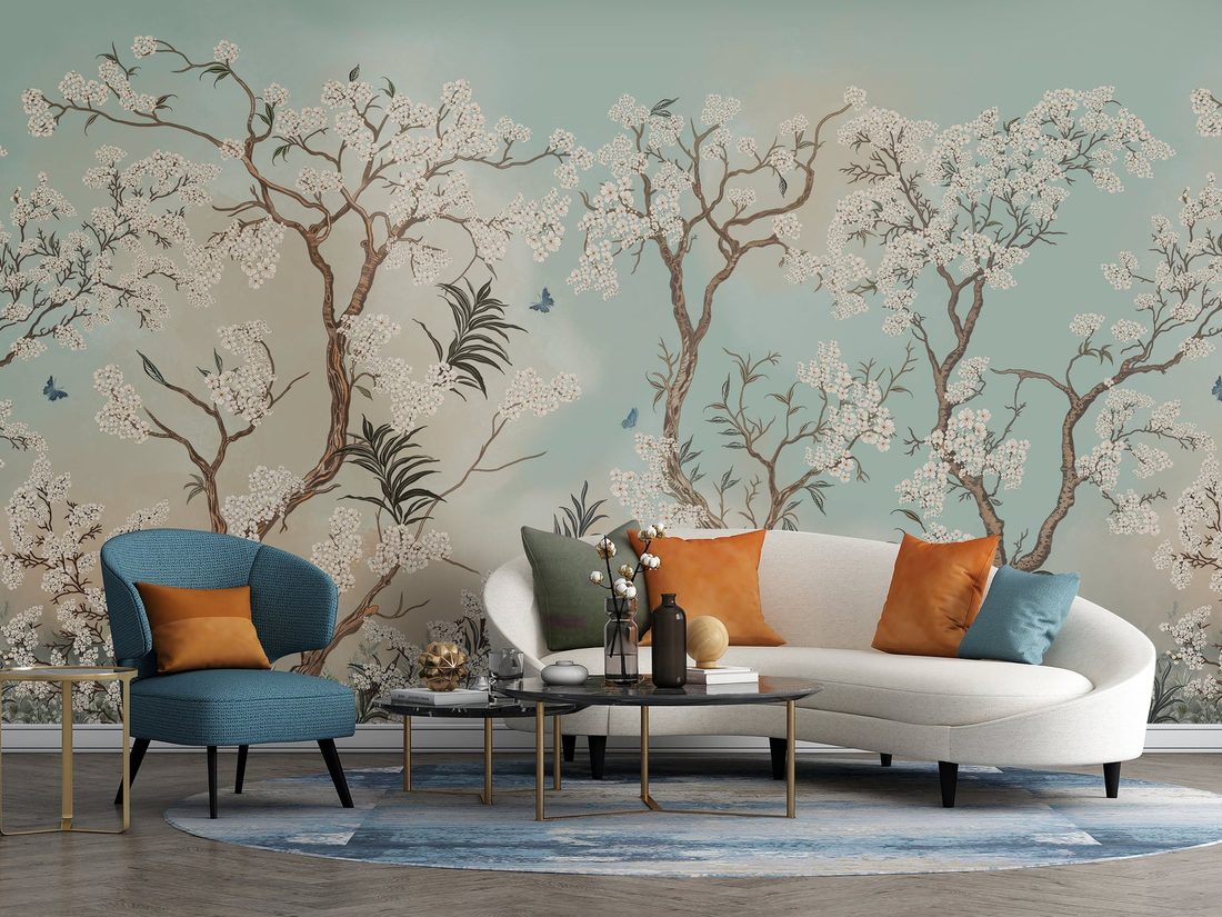 Luxury living room wallpaper with a botanical pattern